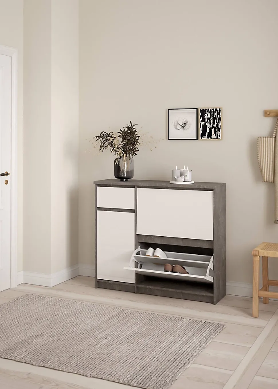 Meuble à chaussures Dtrainin, Meuble à chaussures, Armoire d'entrée polyvalente, 109x32 h93 cm, Ciment et blanc