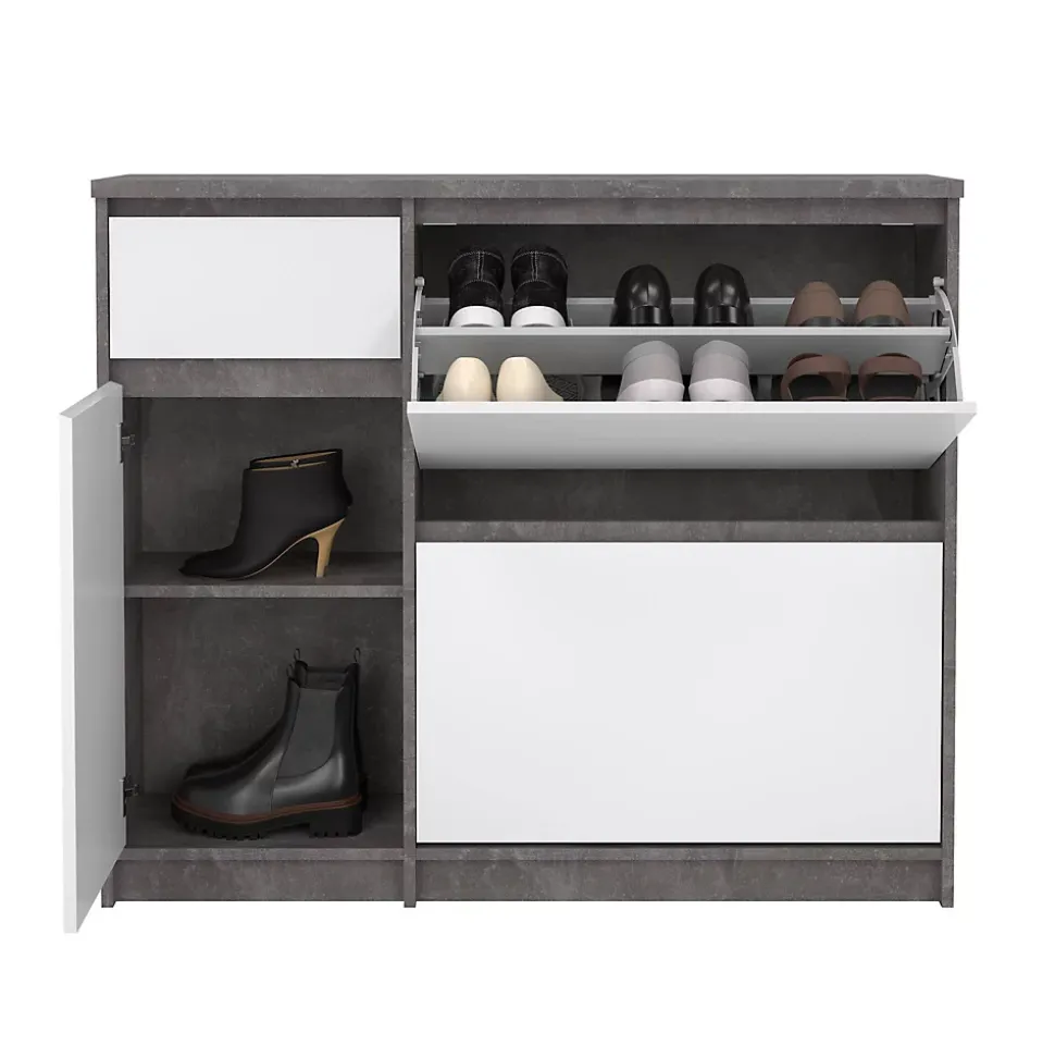 Meuble à chaussures Dtrainin, Meuble à chaussures, Armoire d'entrée polyvalente, 109x32 h93 cm, Ciment et blanc