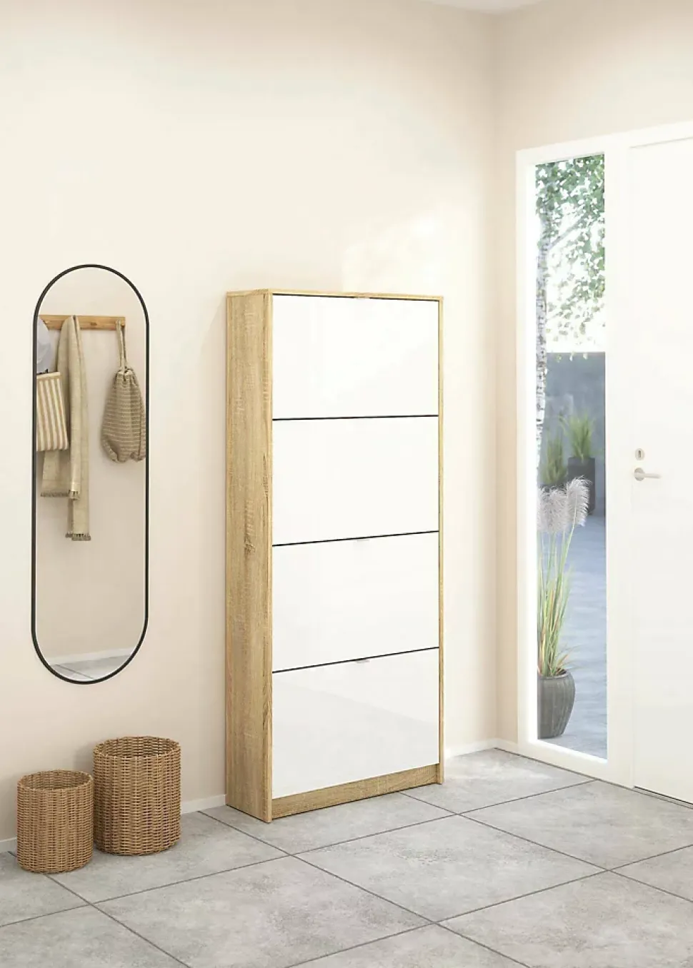Meuble à chaussures Dtraor, Meuble à chaussures, Armoire d'entrée polyvalente, 70x24 h162 cm, Chêne et Blanc