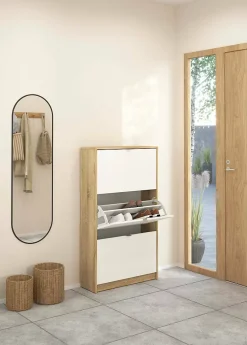 Meuble à chaussures Dtresold, Meuble à chaussures, Armoire d'entrée polyvalente, 70x24 h124 cm, Chêne et Blanc