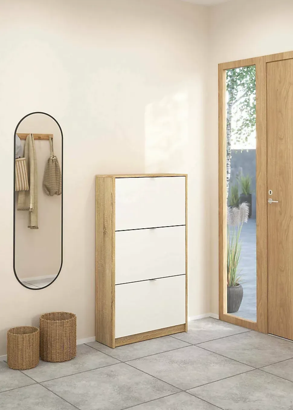 Meuble à chaussures Dtresold, Meuble à chaussures, Armoire d'entrée polyvalente, 70x24 h124 cm, Chêne et Blanc