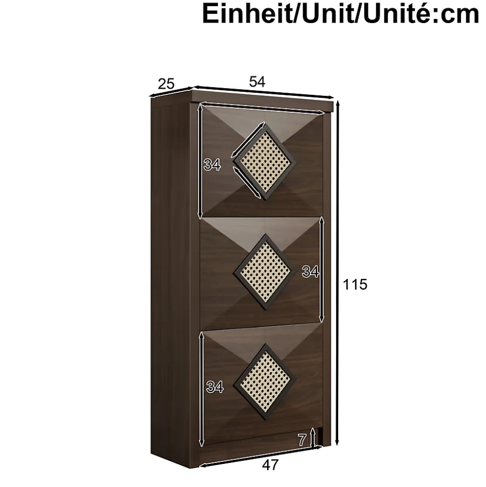 Meuble à Chaussures en Bois Style Rétro - 3 Compartiments Rabattables, PB, Rangement entrée, 54x25x115 cm - Bois