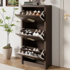 Meuble à Chaussures en Bois Style Rétro - 3 Compartiments Rabattables, PB, Rangement entrée, 54x25x115 cm - Bois