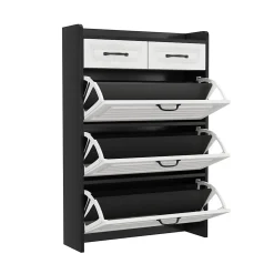 Meuble à Chaussures en Bois avec Abattants Rotatifs et 2 Tiroirs, Design Moderne pour Entrée et Salon - Blanc/Noir 80x23,5x131 cm