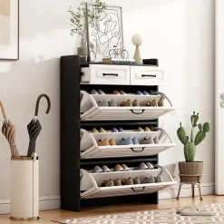 Meuble à Chaussures en Bois avec Abattants Rotatifs et 2 Tiroirs, Design Moderne pour Entrée et Salon - Blanc/Noir 80x23,5x131 cm