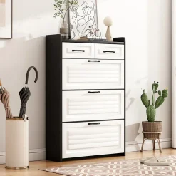 Meuble à Chaussures en Bois avec Abattants Rotatifs et 2 Tiroirs, Design Moderne pour Entrée et Salon - Blanc/Noir 80x23,5x131 cm