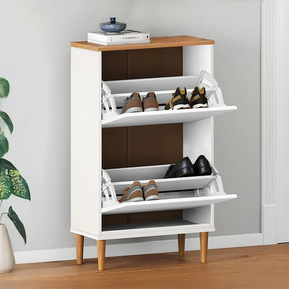 Meuble à chaussures entrée MIKKA en bois massif - Blanc et chêne