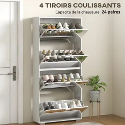 Meuble à chaussures grand miroir 2 en 1 - 4 portes abattantes, étagères réglables - blanc verre