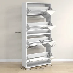 Meuble à chaussures grand miroir 2 en 1 - 4 portes abattantes, étagères réglables - blanc verre