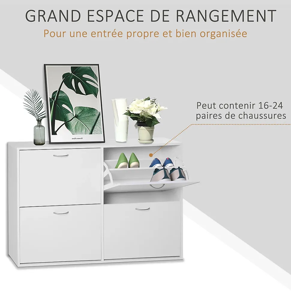 Meuble à chaussures grande taille dim. 120L x 24l x 81H cm 4 portes abattantes double niveau blanc