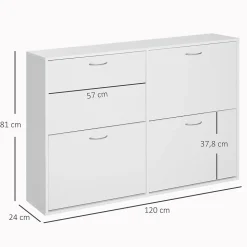 Meuble à chaussures grande taille dim. 120L x 24l x 81H cm 4 portes abattantes double niveau blanc