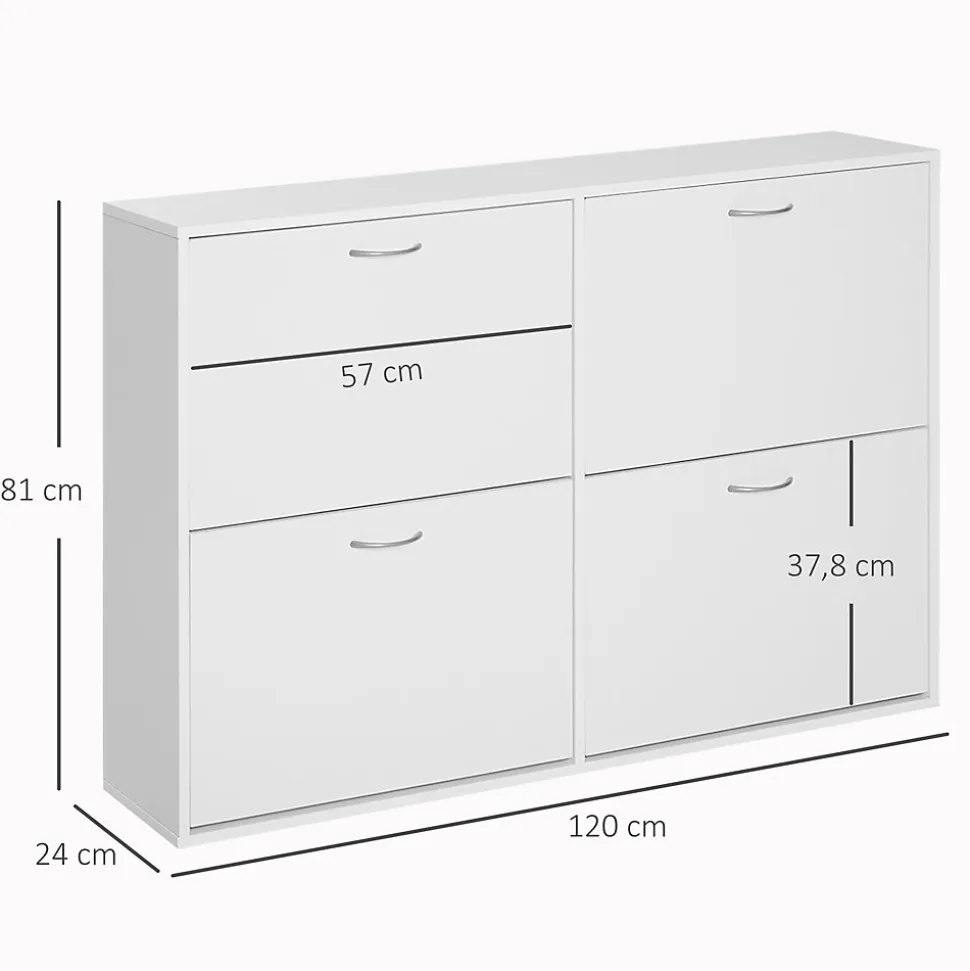 Meuble à chaussures grande taille dim. 120L x 24l x 81H cm 4 portes abattantes double niveau blanc