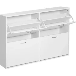 Meuble à chaussures grande taille dim. 120L x 24l x 81H cm 4 portes abattantes double niveau blanc
