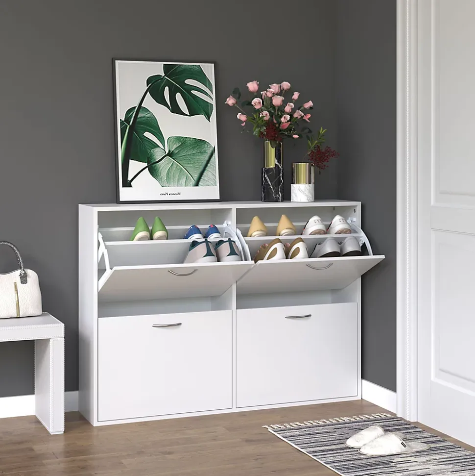 Meuble à chaussures grande taille dim. 120L x 24l x 81H cm 4 portes abattantes double niveau blanc