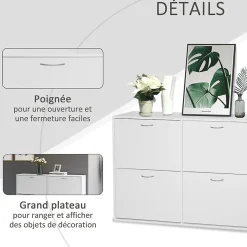 Meuble à chaussures grande taille dim. 120L x 24l x 81H cm 4 portes abattantes double niveau blanc