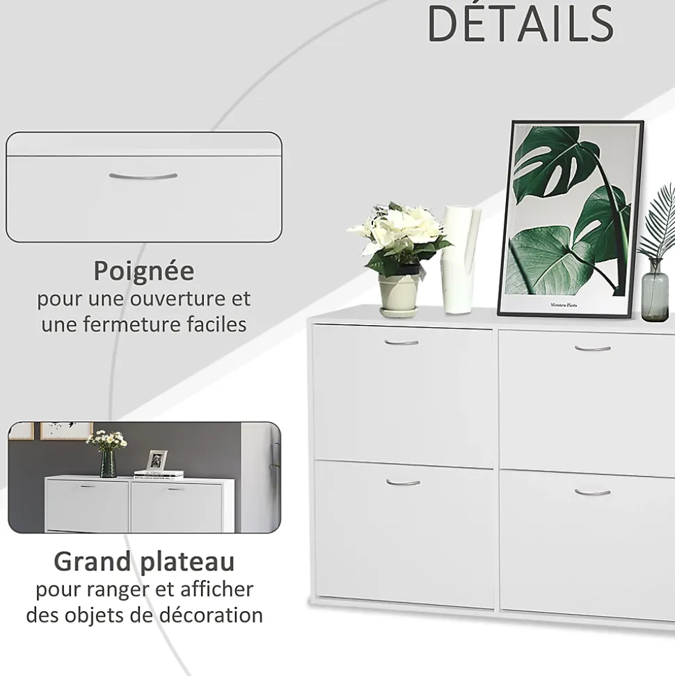 Meuble à chaussures grande taille dim. 120L x 24l x 81H cm 4 portes abattantes double niveau blanc