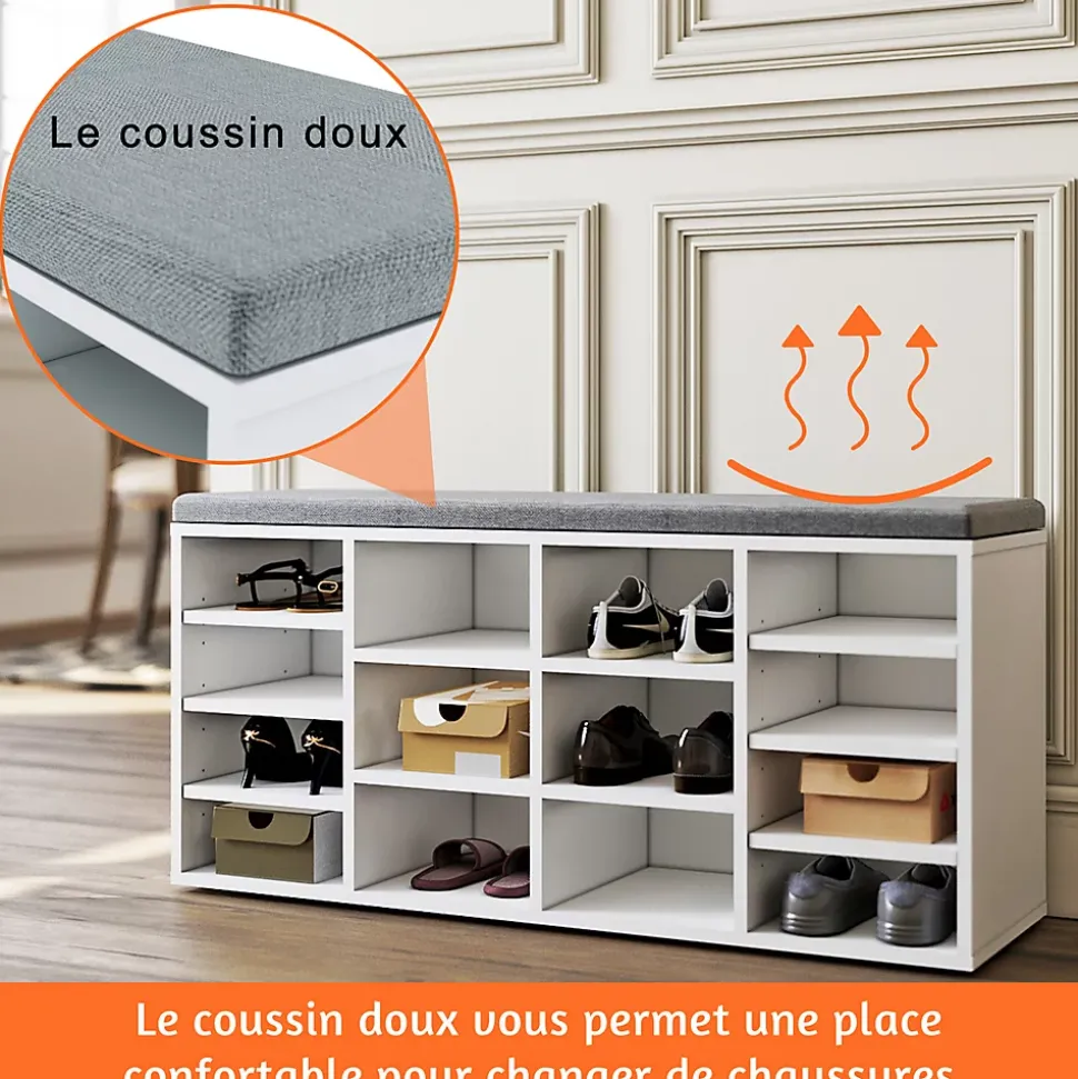Meuble à chaussures L103.5 x 48 x 30cm SIRHONA , armoire de rangement avec 14 compartiments, avec coussin