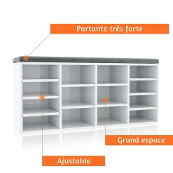 Meuble à chaussures L103.5 x 48 x 30cm SIRHONA , armoire de rangement avec 14 compartiments, avec coussin
