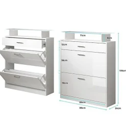 Meuble à chaussures LED - Mélamine brillant - Blanc et Sonoma - 2 portes 1 tiroir - 89x24x105 cm