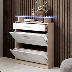 Meuble à chaussures LED - Mélamine brillant - Blanc et Sonoma - 2 portes 1 tiroir - 89x24x105 cm