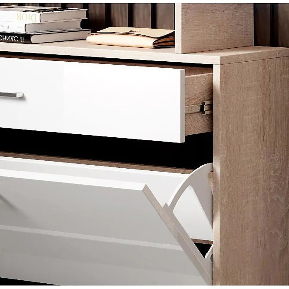 Meuble à chaussures LED - Mélamine brillant - Blanc et Sonoma - 2 portes 1 tiroir - 89x24x105 cm