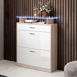 Meuble à chaussures LED - Mélamine brillant - Blanc et Sonoma - 2 portes 1 tiroir - 89x24x105 cm