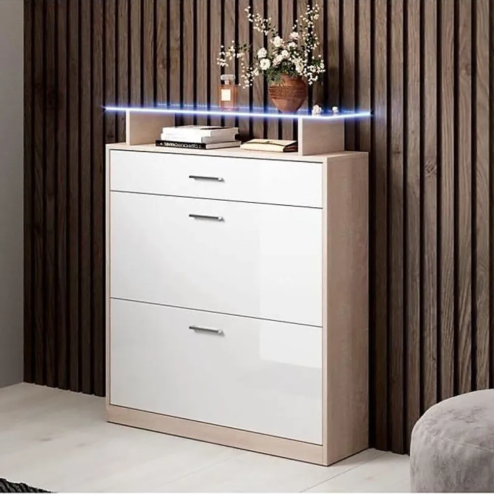 Meuble à chaussures LED - Mélamine brillant - Blanc et Sonoma - 2 portes 1 tiroir - 89x24x105 cm