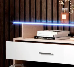 Meuble à chaussures LED - Mélamine brillant - Blanc et Sonoma - 2 portes 1 tiroir - 89x24x105 cm
