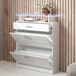 Meuble à chaussures LED - Mélamine brillant - Blanc - 105x89x24 cm