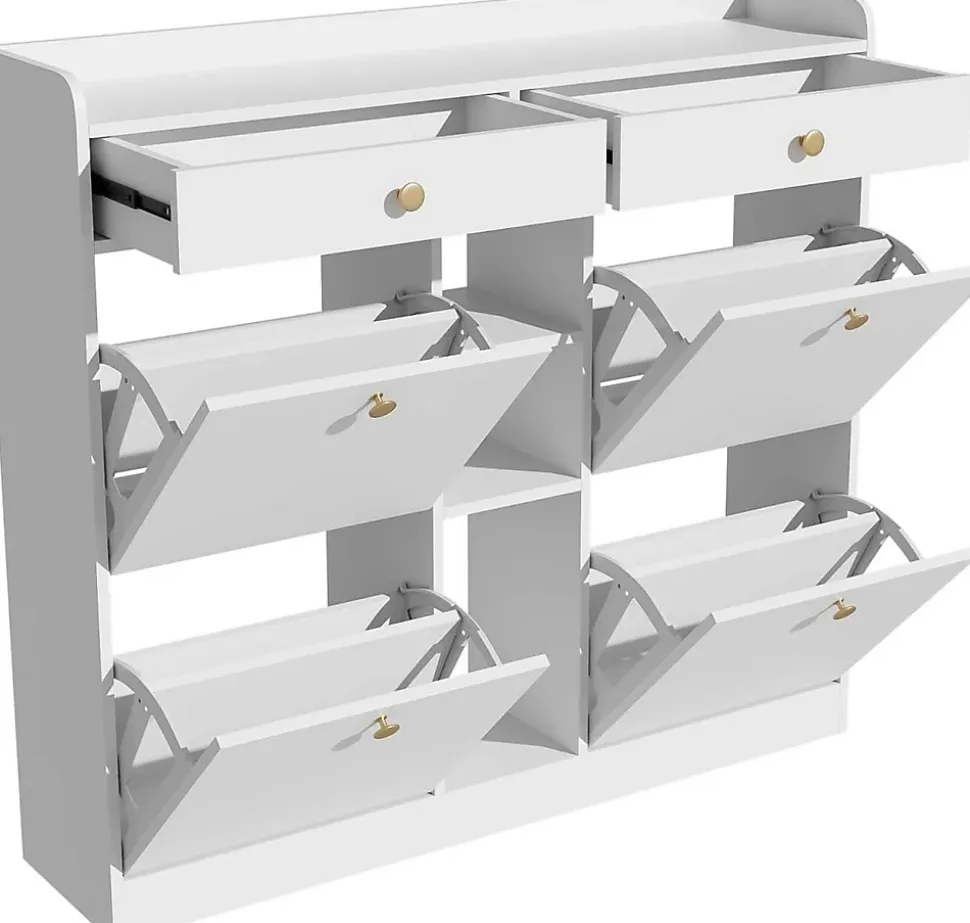 Meuble à chaussures élégant 110x26x100 cm, 4 portes, 2 tiroirs, 3 compartiments ouverts