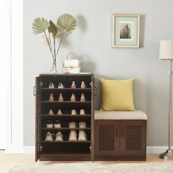 Meuble à chaussures Loeten avec banquette 97 x 120 x 36 cm effet wengé en.casa