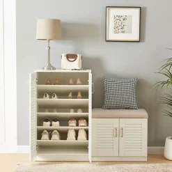 Meuble à chaussures Loeten avec banquette 97 x 120 x 36 cm blanc en.casa