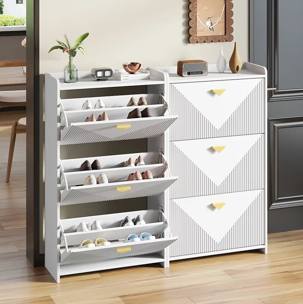 Meuble à Chaussures Lot de 2 - Meuble d'Entrée avec 6 Abattants et Étagères Réglables - en MDF - Blanc