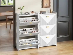 Meuble à Chaussures Lot de 2 - Meuble d'Entrée avec 6 Abattants et Étagères Réglables - en MDF - Blanc