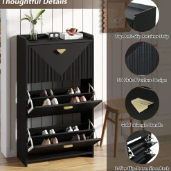Meuble à Chaussures Lot de 2 - Meuble d'Entrée avec 6 Abattants et Étagères Réglables - en MDF - Noir