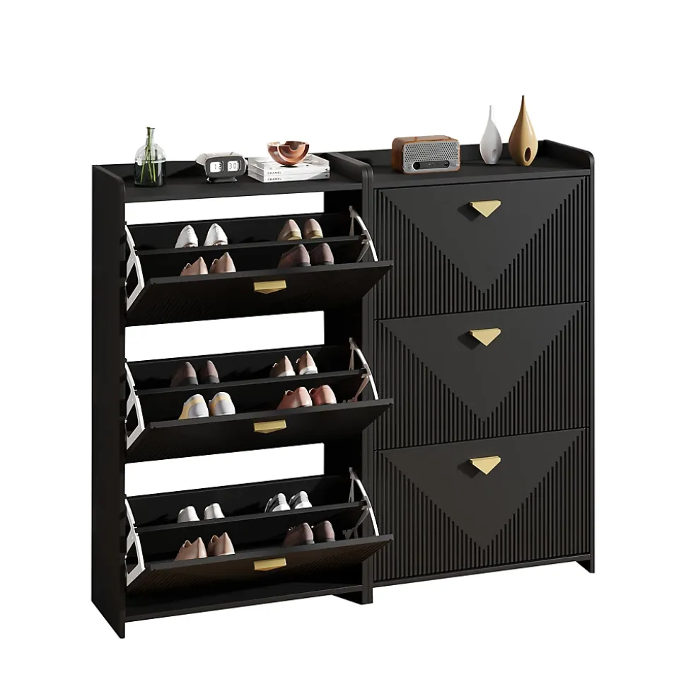 Meuble à Chaussures Lot de 2 - Meuble d'Entrée avec 6 Abattants et Étagères Réglables - en MDF - Noir