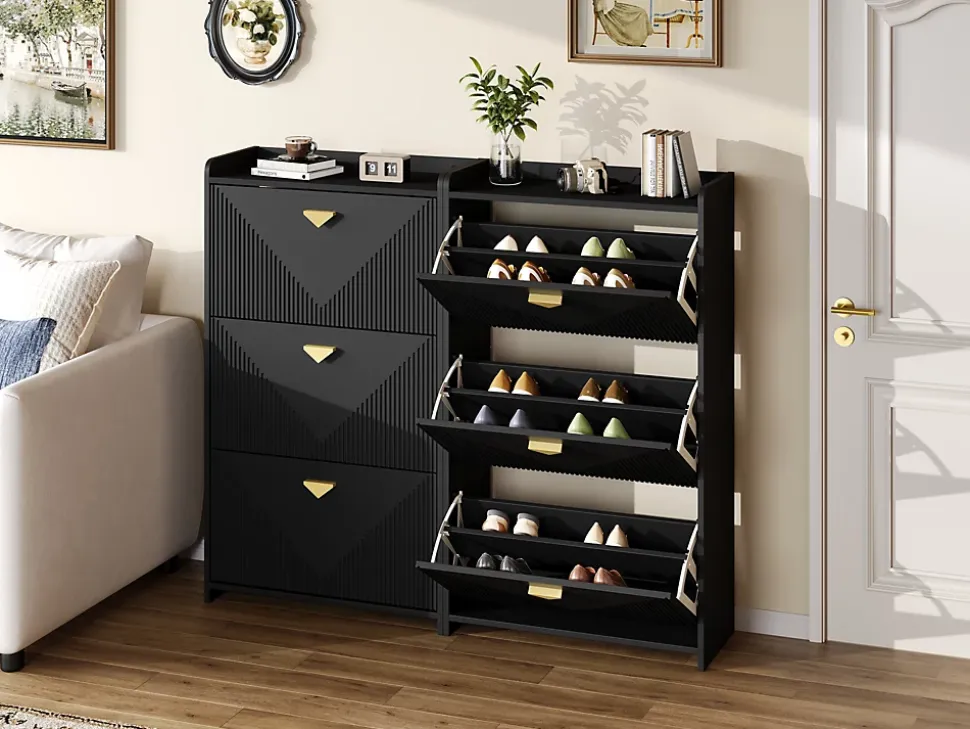Meuble à Chaussures Lot de 2 - Meuble d'Entrée avec 6 Abattants et Étagères Réglables - en MDF - Noir