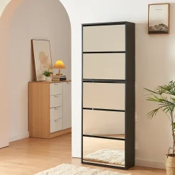 Meuble à chaussures Lund à 5 abattants avec miroir noir en.casa