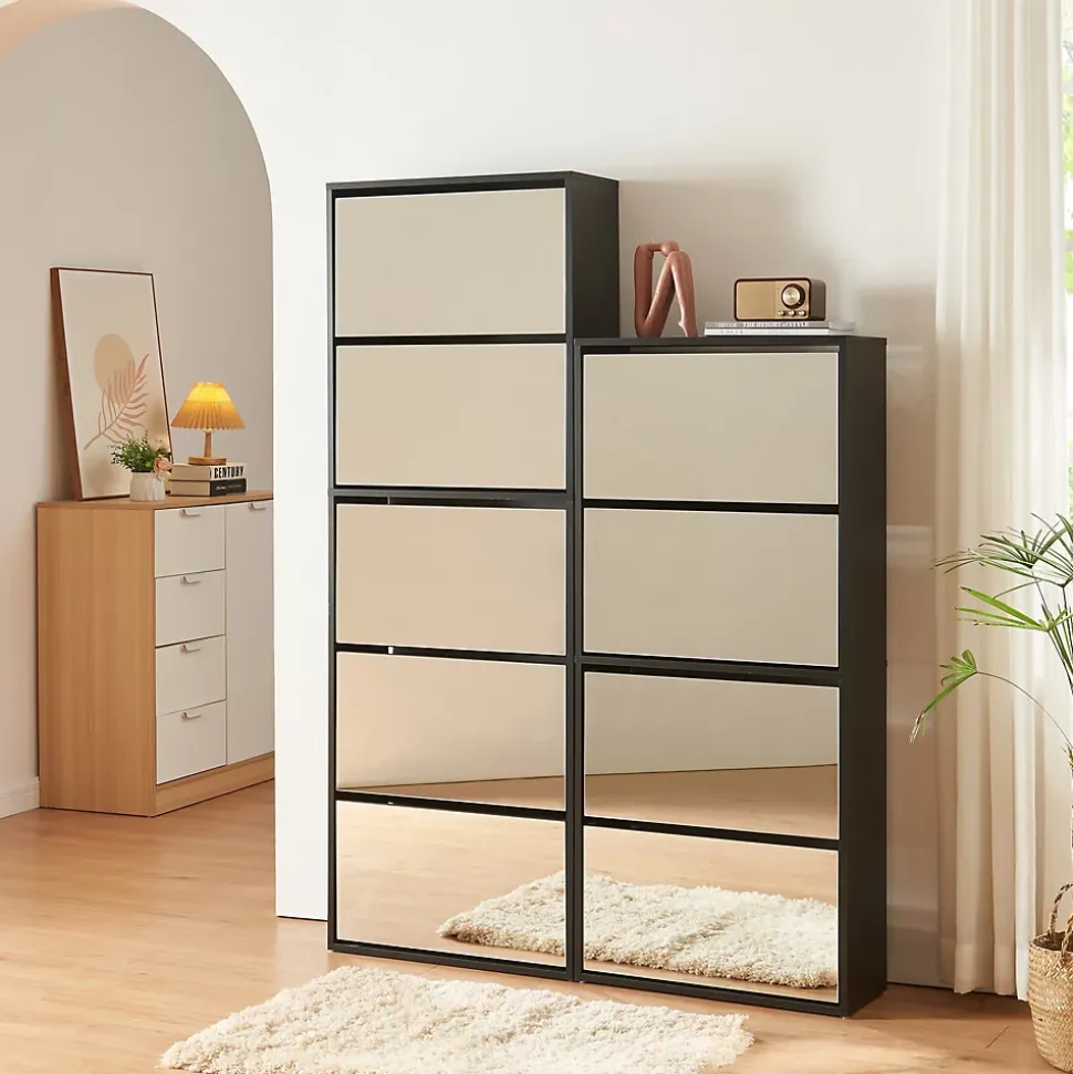 Meuble à chaussures Lund à 5 abattants avec miroir noir en.casa