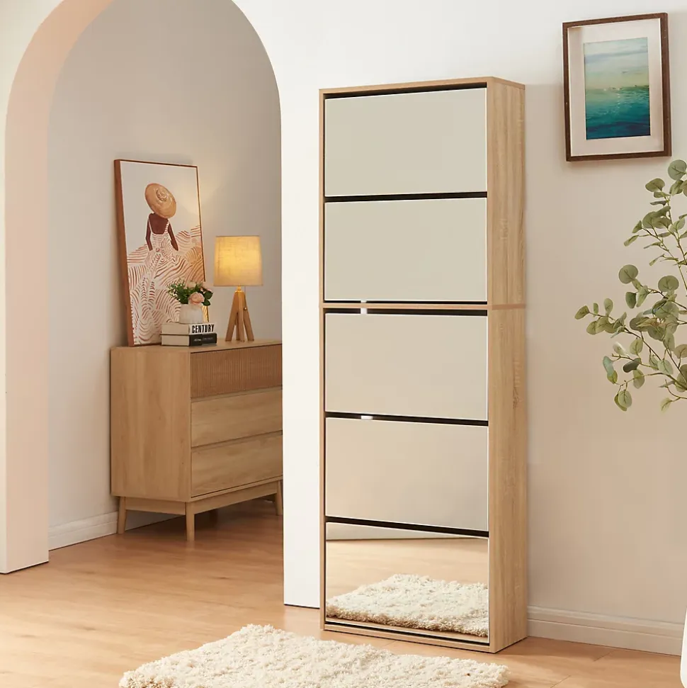 Meuble à chaussures Lund à 5 abattants avec miroir effet chêne Sonoma en.casa