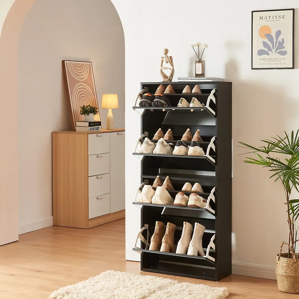 Meuble à chaussures Lund à 4 abattants avec miroir noir en.casa