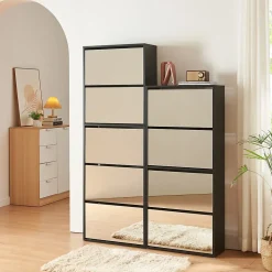 Meuble à chaussures Lund à 4 abattants avec miroir noir en.casa