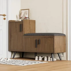 Meuble à chaussures marron avec 3 portes, poignées métalliques asymétriques, panneaux particules + métal, 100x34x68,5 cm