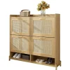 Meuble à Chaussures Meuble 4 Portes avec Étagère Supérieure et Portes Rotin - Bois Contemporain, Cadre Métal, Chêne Clair