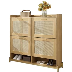 Meuble à Chaussures Meuble 4 Portes avec Étagère Supérieure et Portes Rotin - Bois Contemporain, Cadre Métal, Chêne Clair