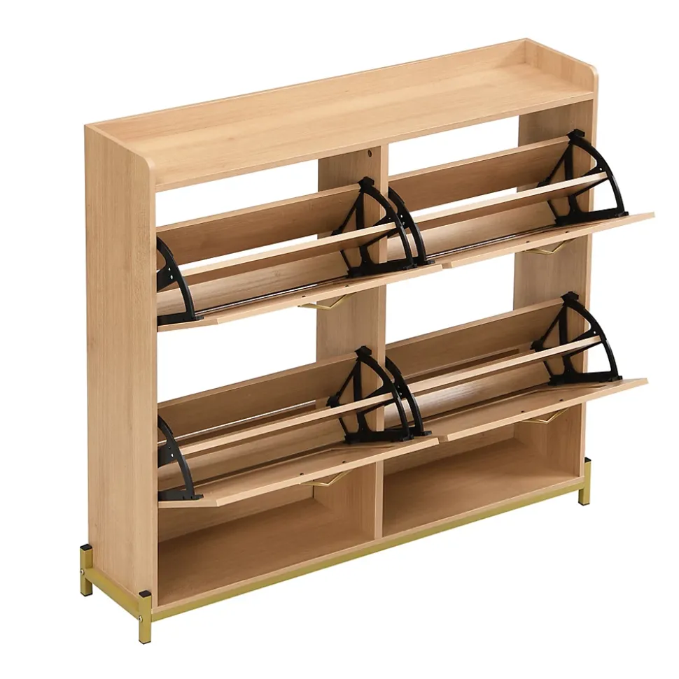 Meuble à Chaussures Meuble 4 Portes avec Étagère Supérieure et Portes Rotin - Bois Contemporain, Cadre Métal, Chêne Clair