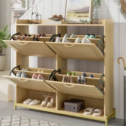 Meuble à Chaussures Meuble 4 Portes avec Étagère Supérieure et Portes Rotin - Bois Contemporain, Cadre Métal, Chêne Clair
