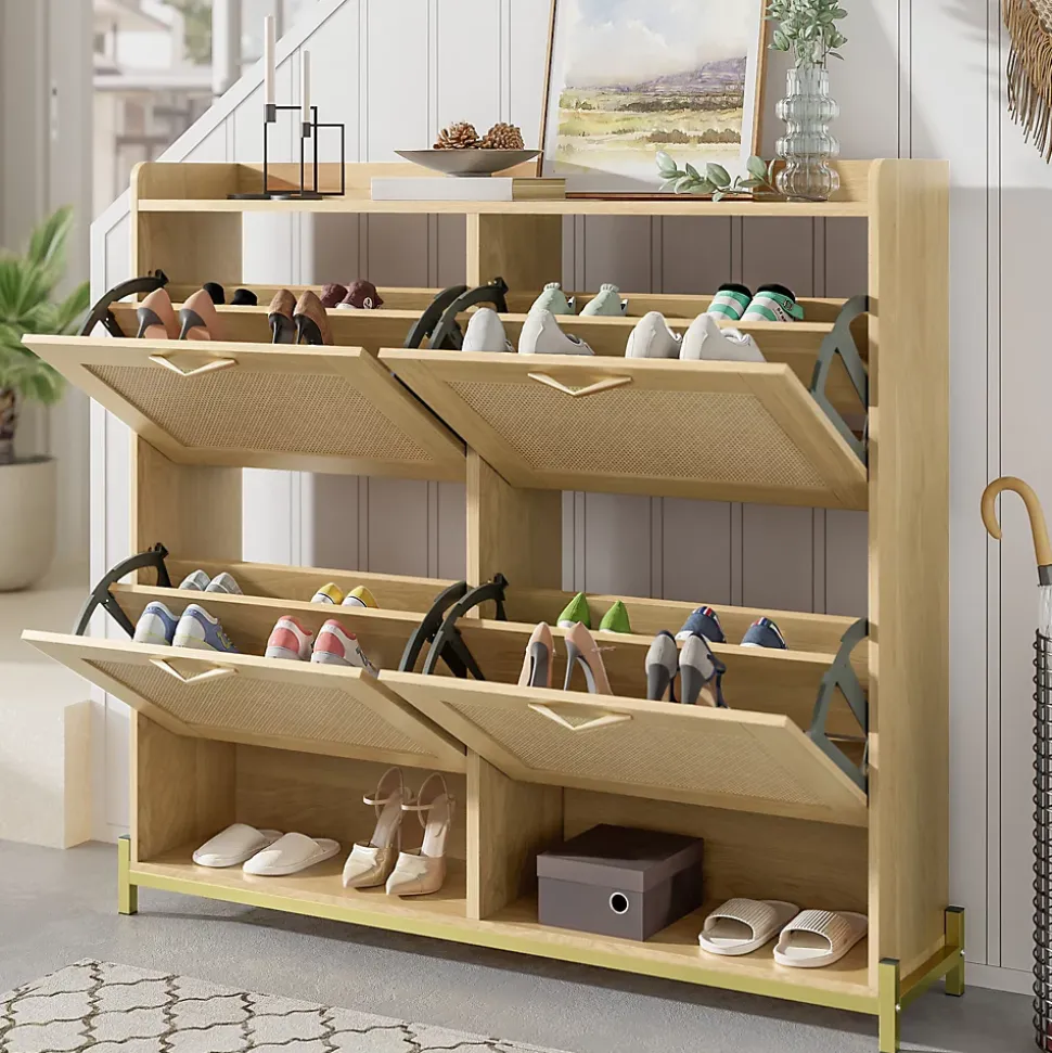 Meuble à Chaussures Meuble 4 Portes avec Étagère Supérieure et Portes Rotin - Bois Contemporain, Cadre Métal, Chêne Clair