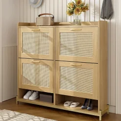 Meuble à Chaussures Meuble 4 Portes avec Étagère Supérieure et Portes Rotin - Bois Contemporain, Cadre Métal, Chêne Clair