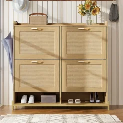 Meuble à Chaussures Meuble 4 Portes avec Étagère Supérieure et Portes Rotin - Bois Contemporain, Cadre Métal, Chêne Clair